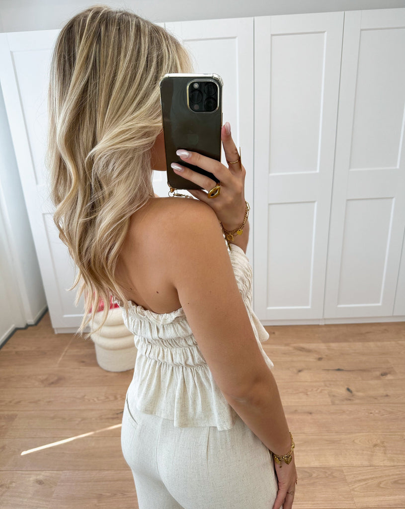 Linnen ruffle strapless top beige