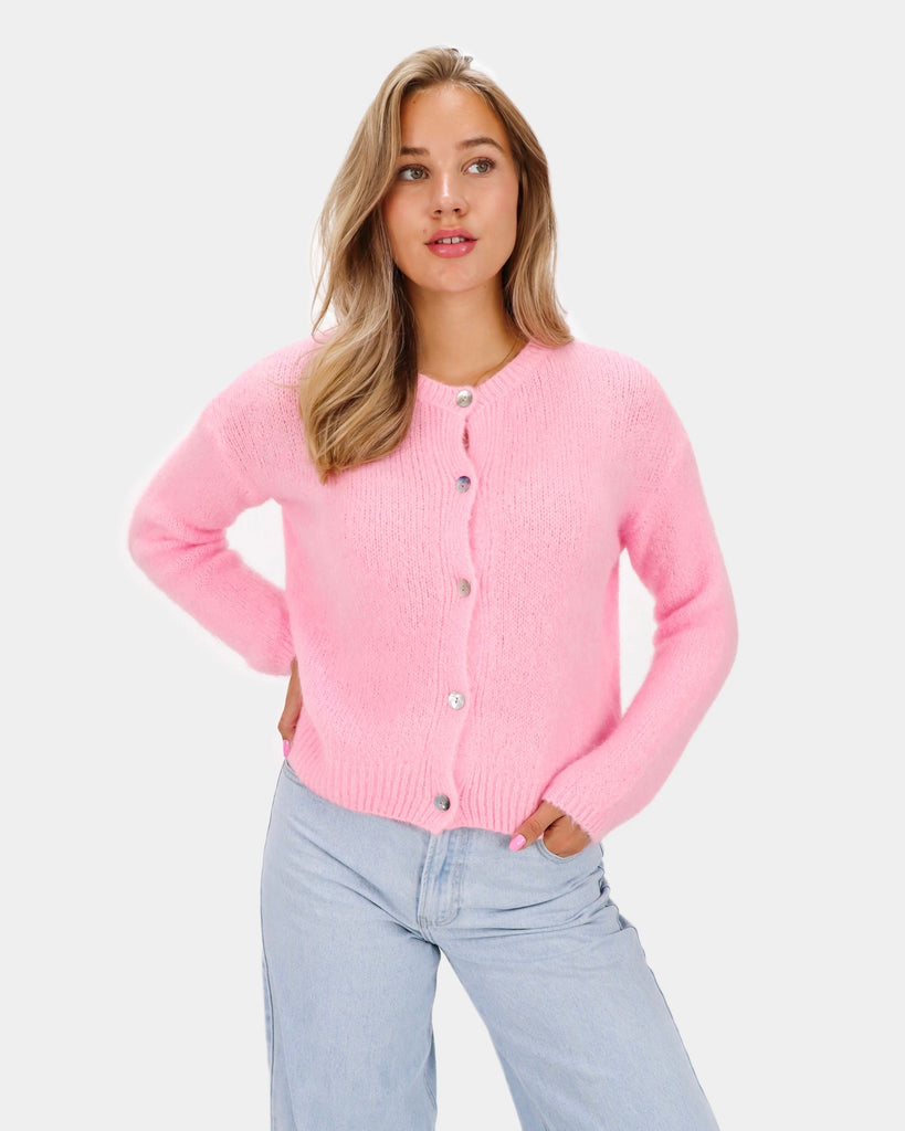 Roze wollen mohair vestje met knoopsluiting