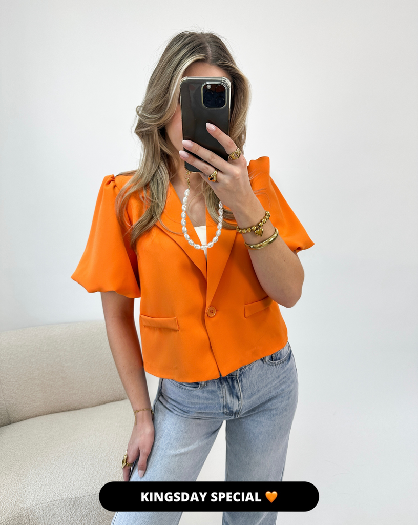 Oranje blazer met korte pof mouwen