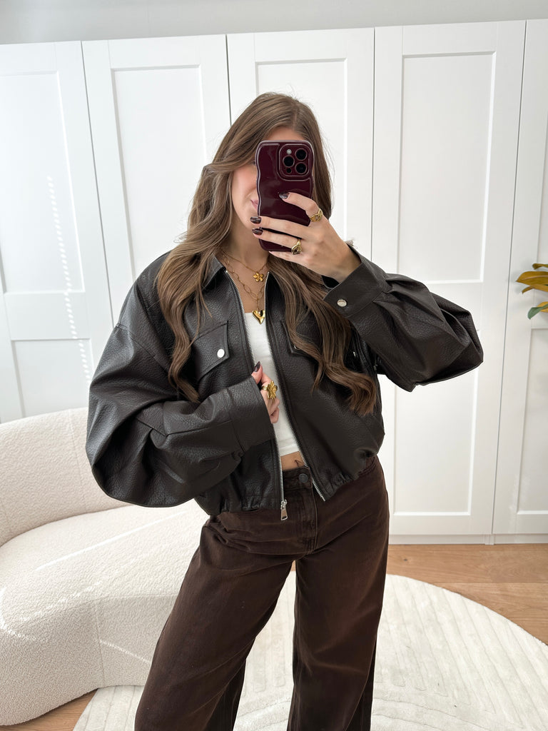 Bruin cropped leren jasje