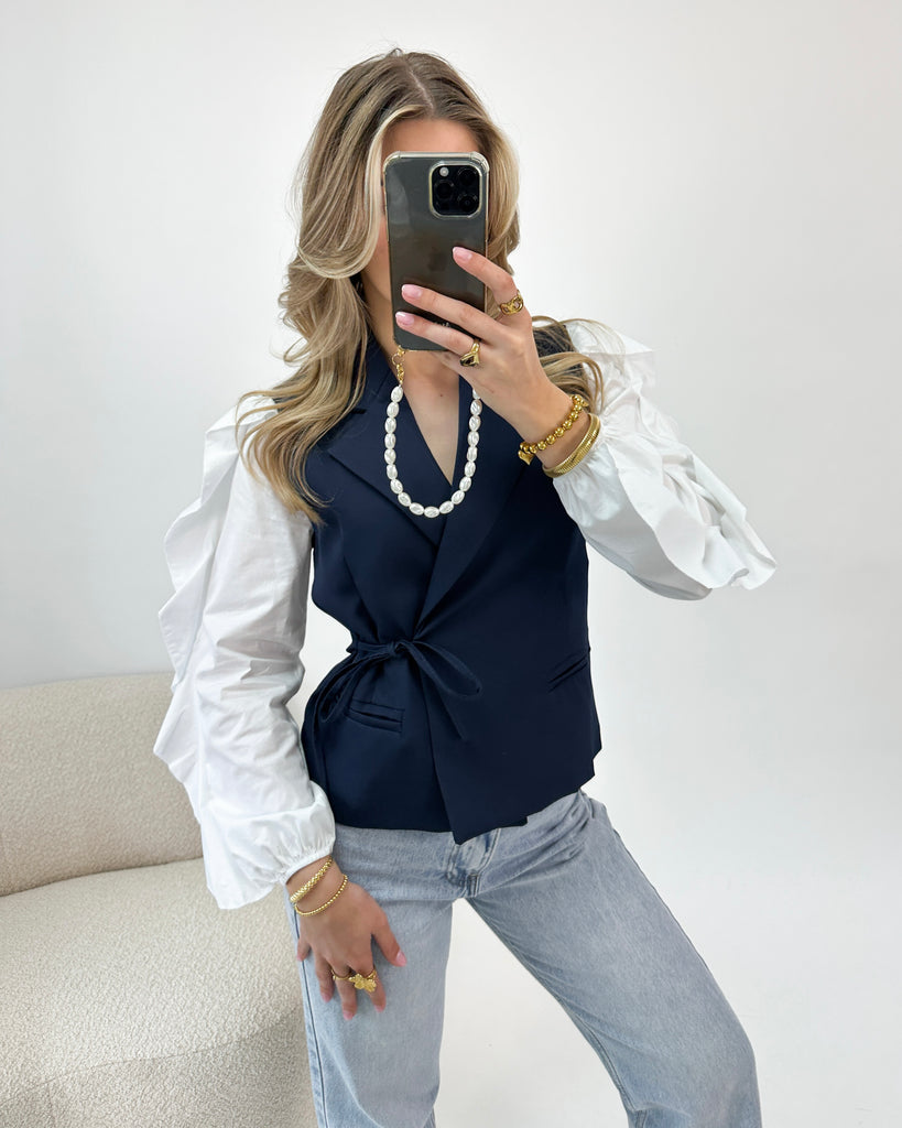 Donker blauwe wrap blazer met blouse mouwen met ruffles