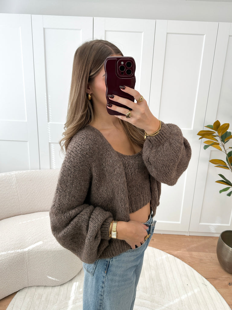 Bruine gebreide set met topje en vest