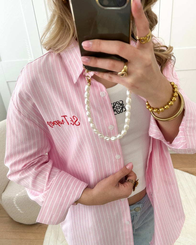 Roze gestreepte katoenen blouse met rode St.Tropez letters