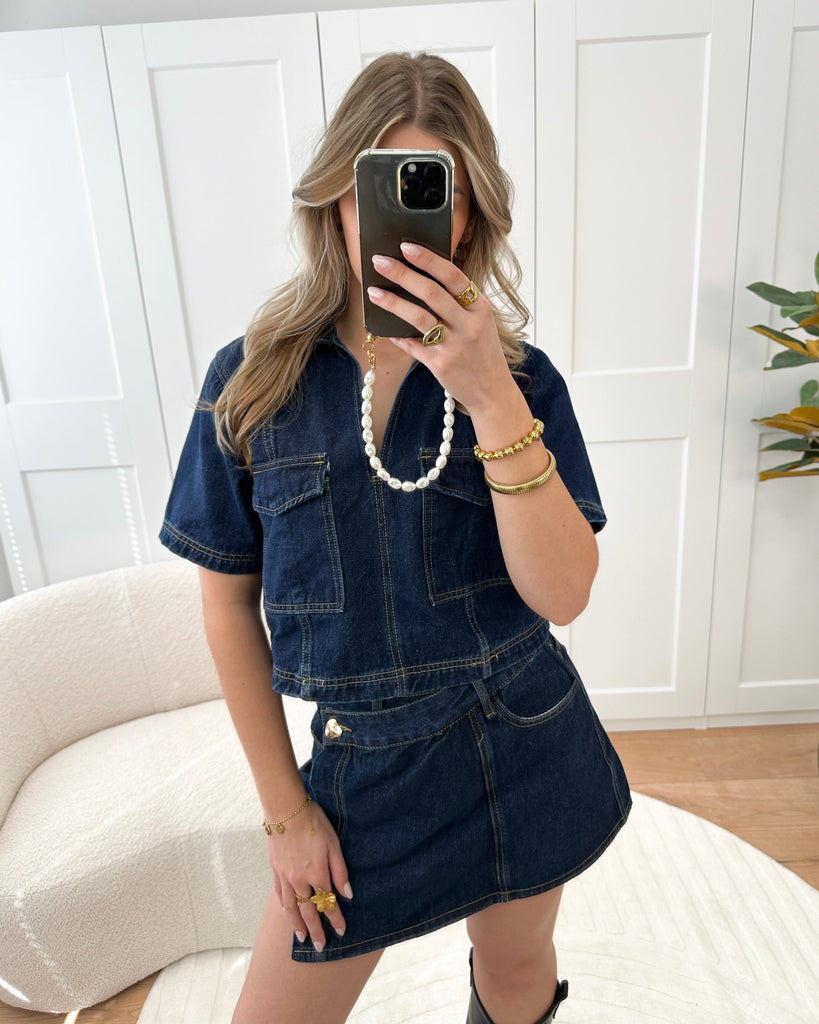 Denim top met v-hals en bijpassende skort