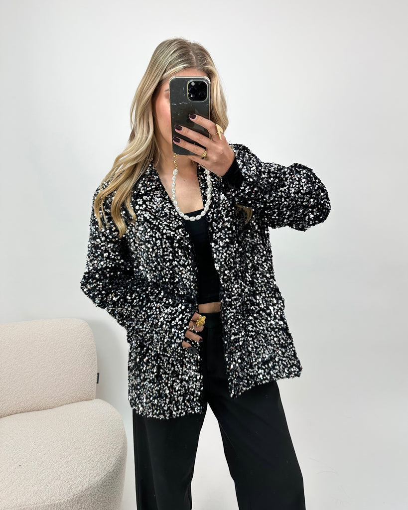 Zwarte blazer met zilveren glitters en knoopsluiting