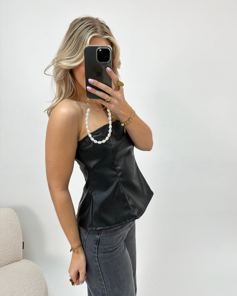 Zwarte leren strapless uitlopende peplum top