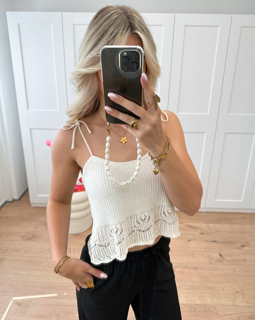Crochet lurex top met strik details op de schouders ecru