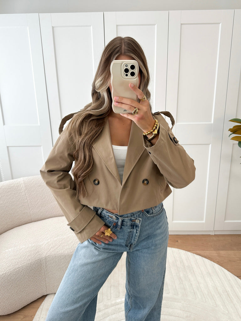 Taupe/bruine gevoerde cropped trench coat jas